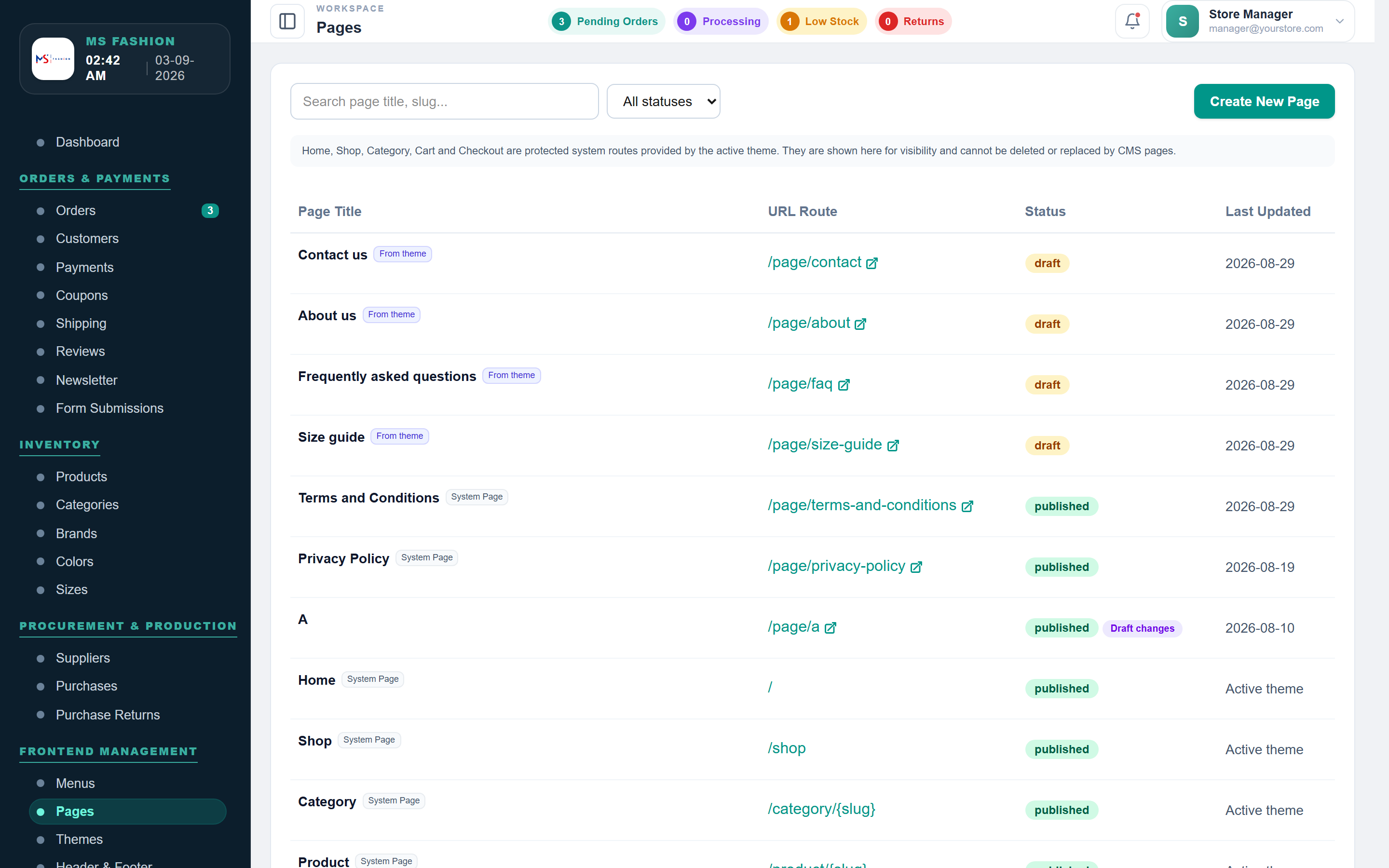 The Apptimmerce page manager listing custom storefront pages