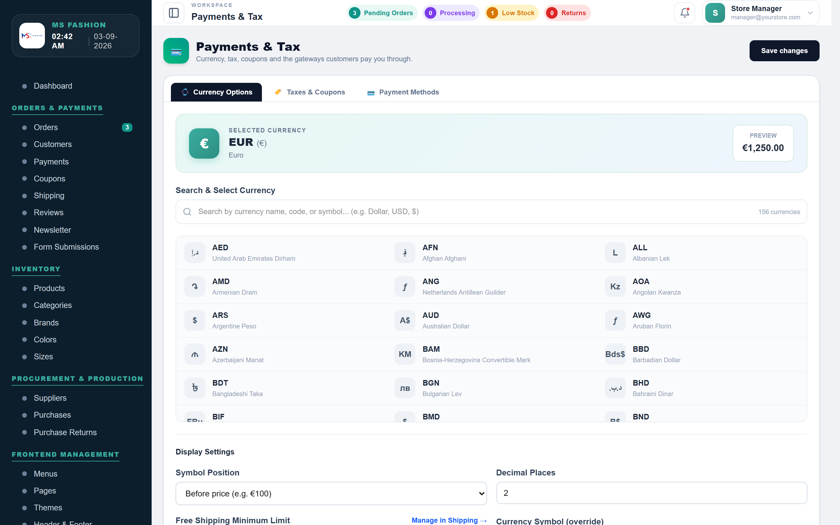 The Apptimmerce payments and tax screen showing currency selection and payment methods