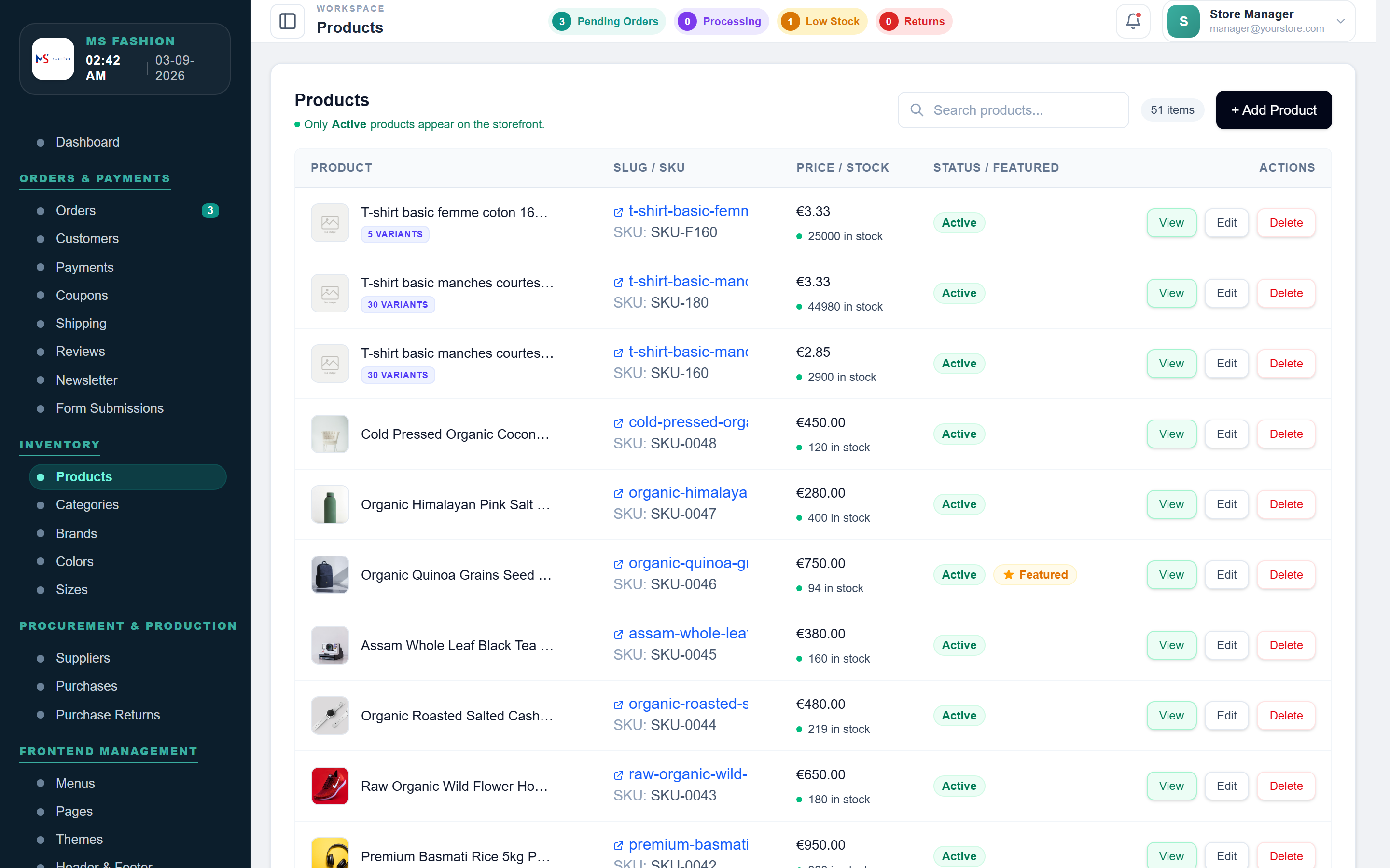 The Apptimmerce admin product list showing variant counts, stock levels, prices and status for each product
