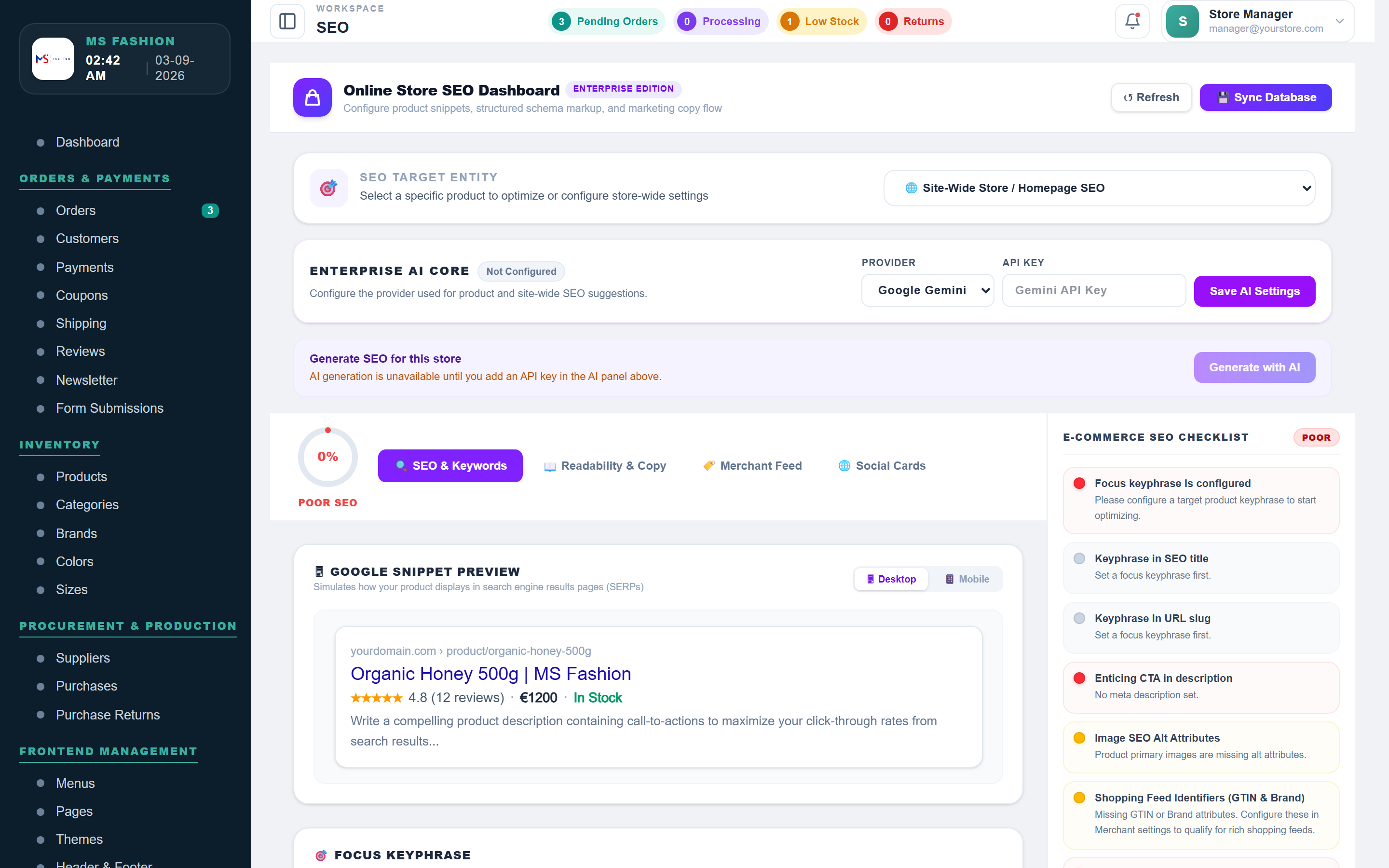 The Apptimmerce SEO panel with metadata, keywords and social preview fields