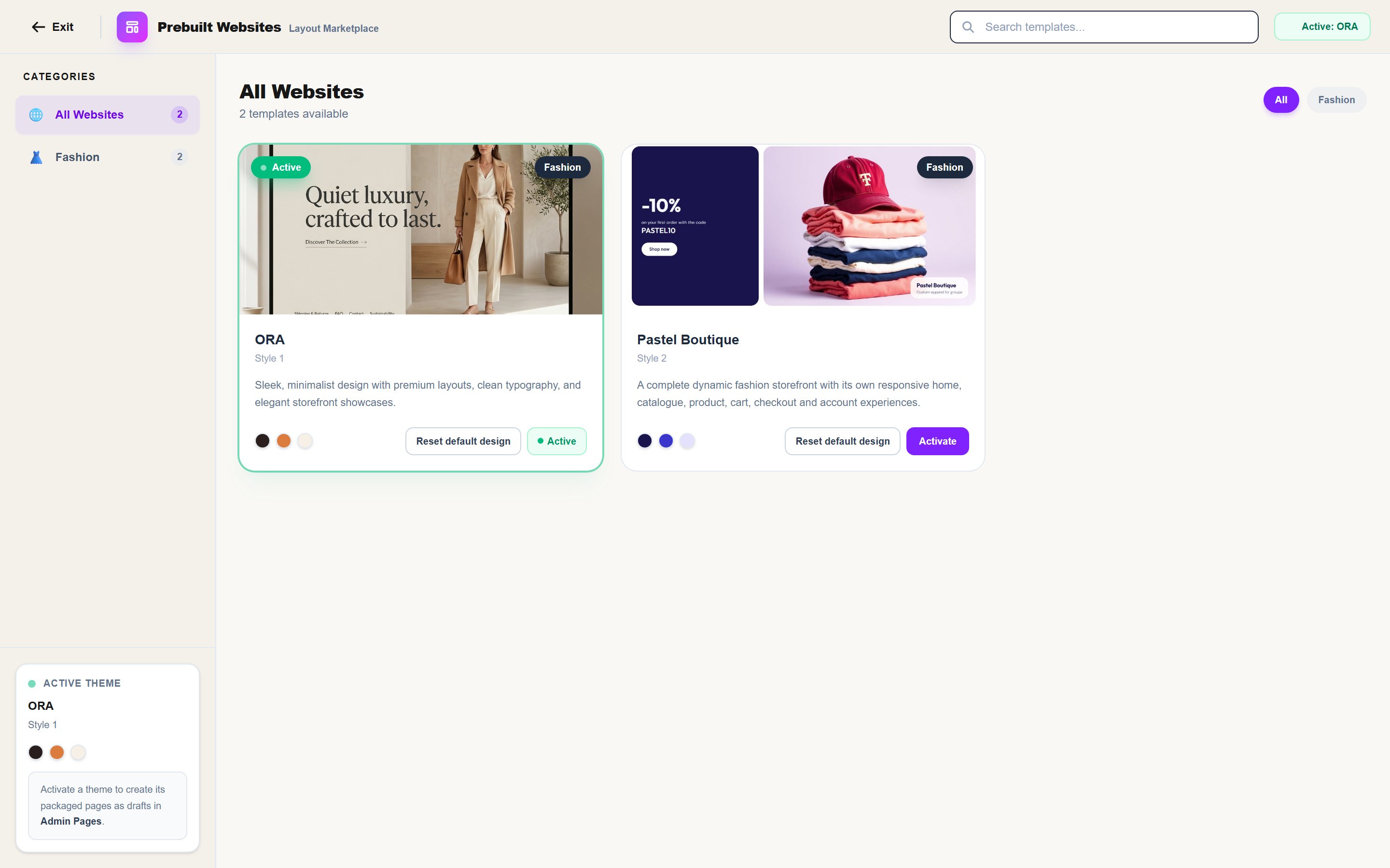 The Apptimmerce theme manager showing installable storefront themes