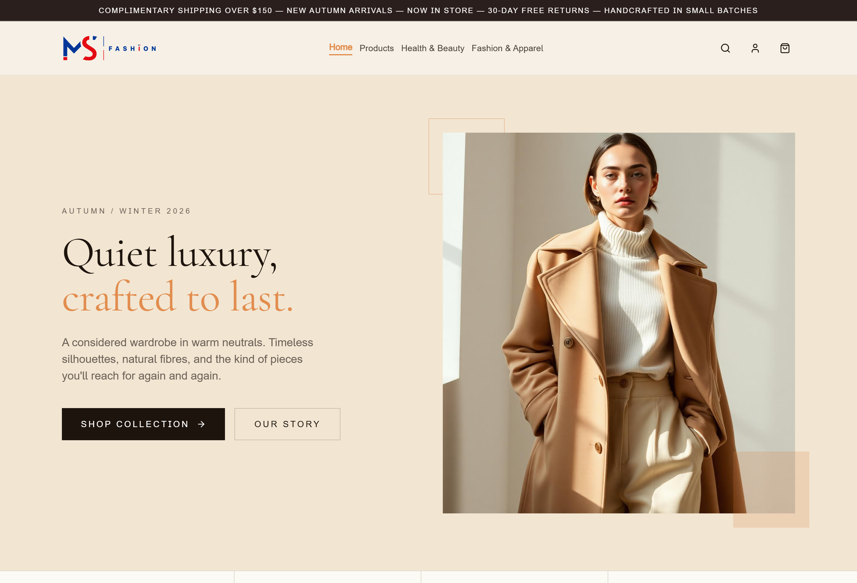 An Apptimmerce storefront homepage showing a fashion brand's hero banner, navigation and search