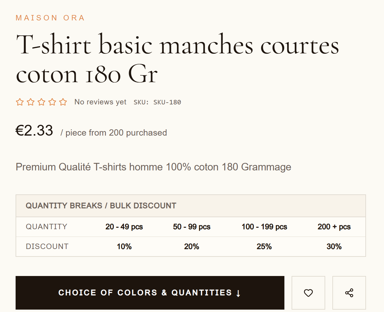 An Apptimmerce product page showing a quantity breaks and bulk discount table: 10% off from 20 pieces, 20% from 50, 25% from 100 and 30% from 200